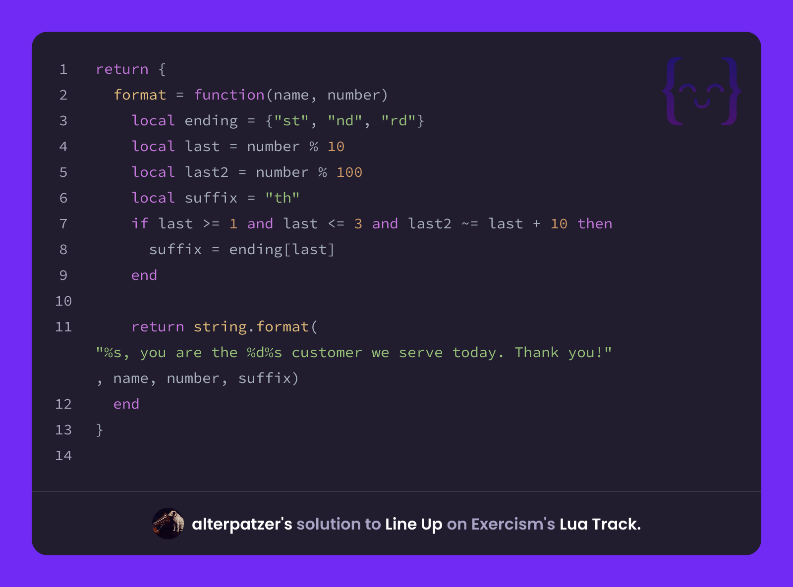 Lua Up Values alterpatzer's solution for Line Up in Lua on Exercism
