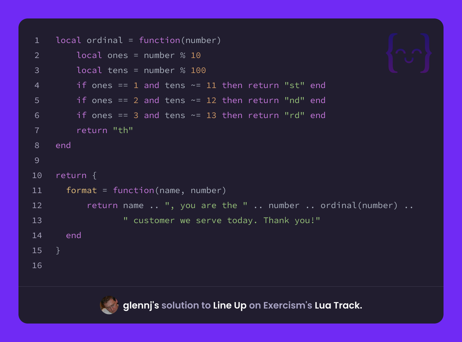 glennj's solution for Line Up in Lua on Exercism