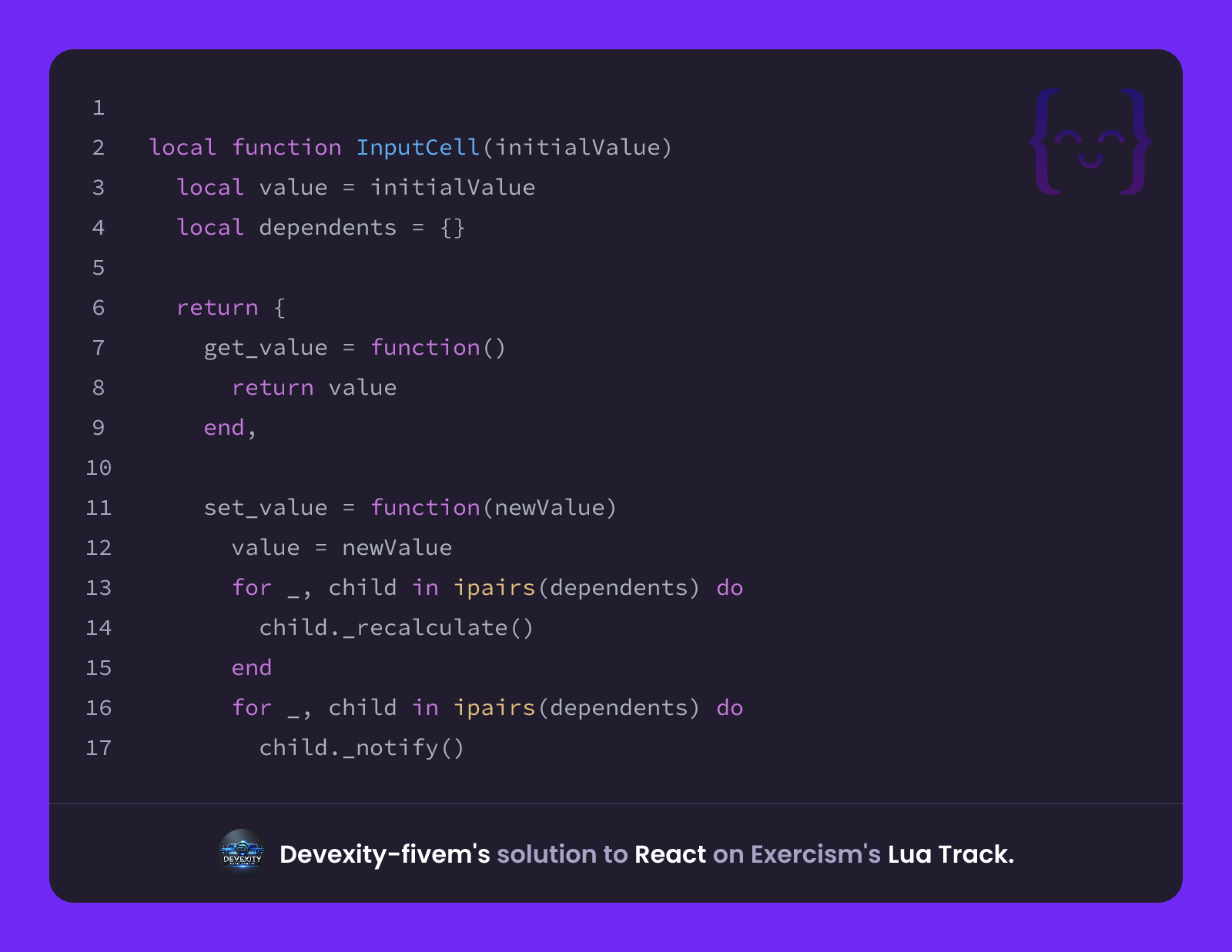Devexity-fivem's solution for React in Lua on Exercism