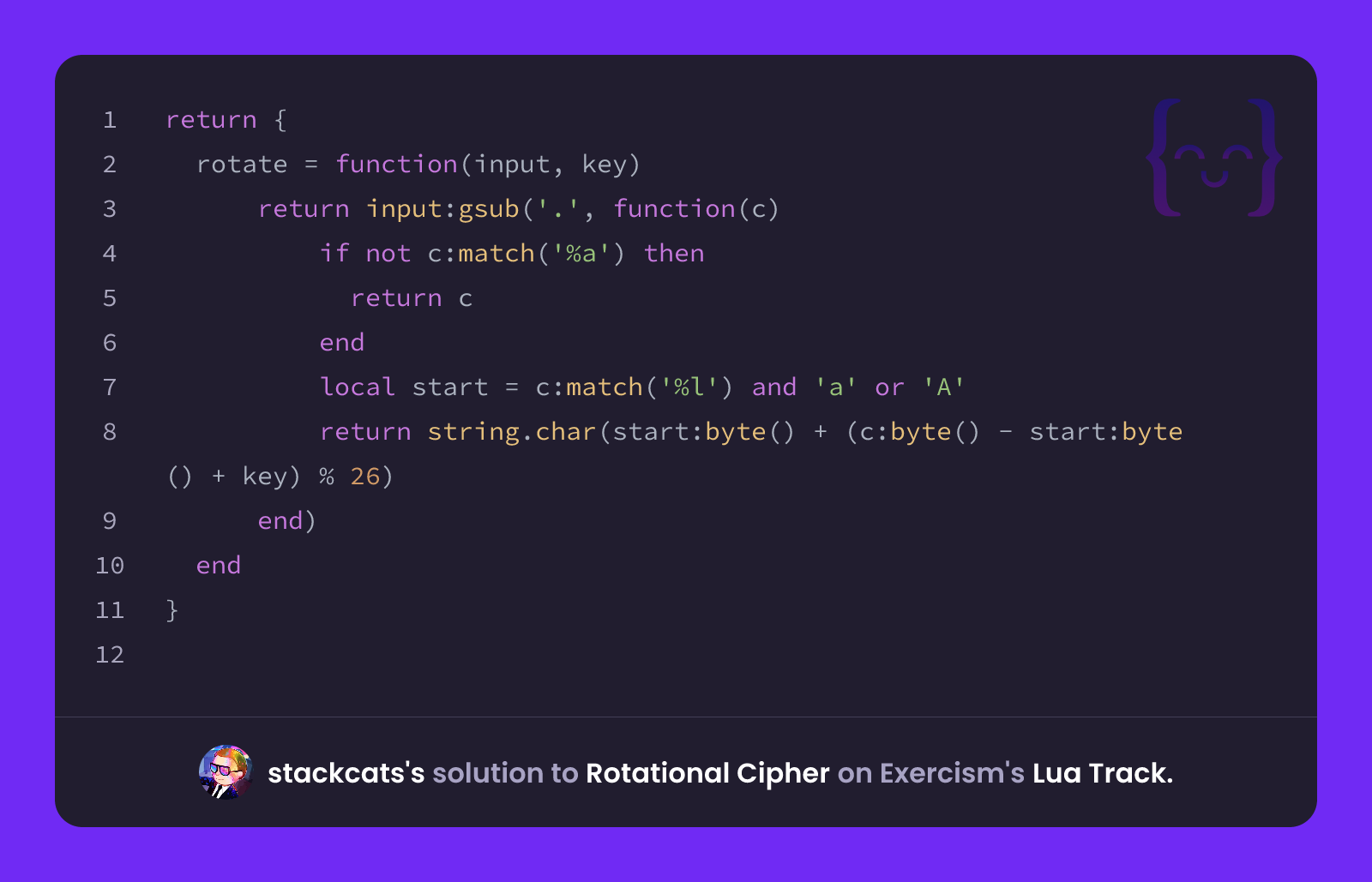 Lua Virtual Stack stackcats's solution for Rotational Cipher in Lua on Exercism