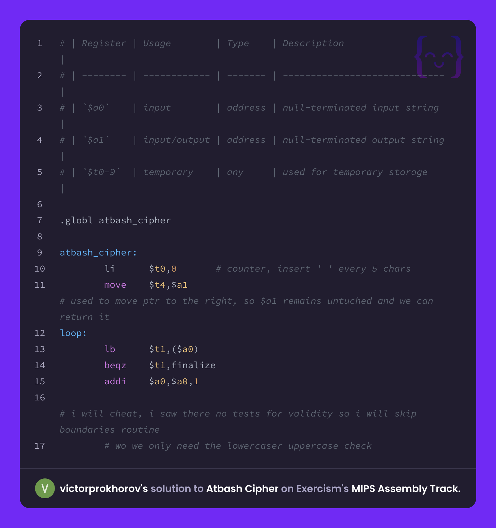 victorprokhorov's solution for Atbash Cipher in MIPS Assembly on Exercism