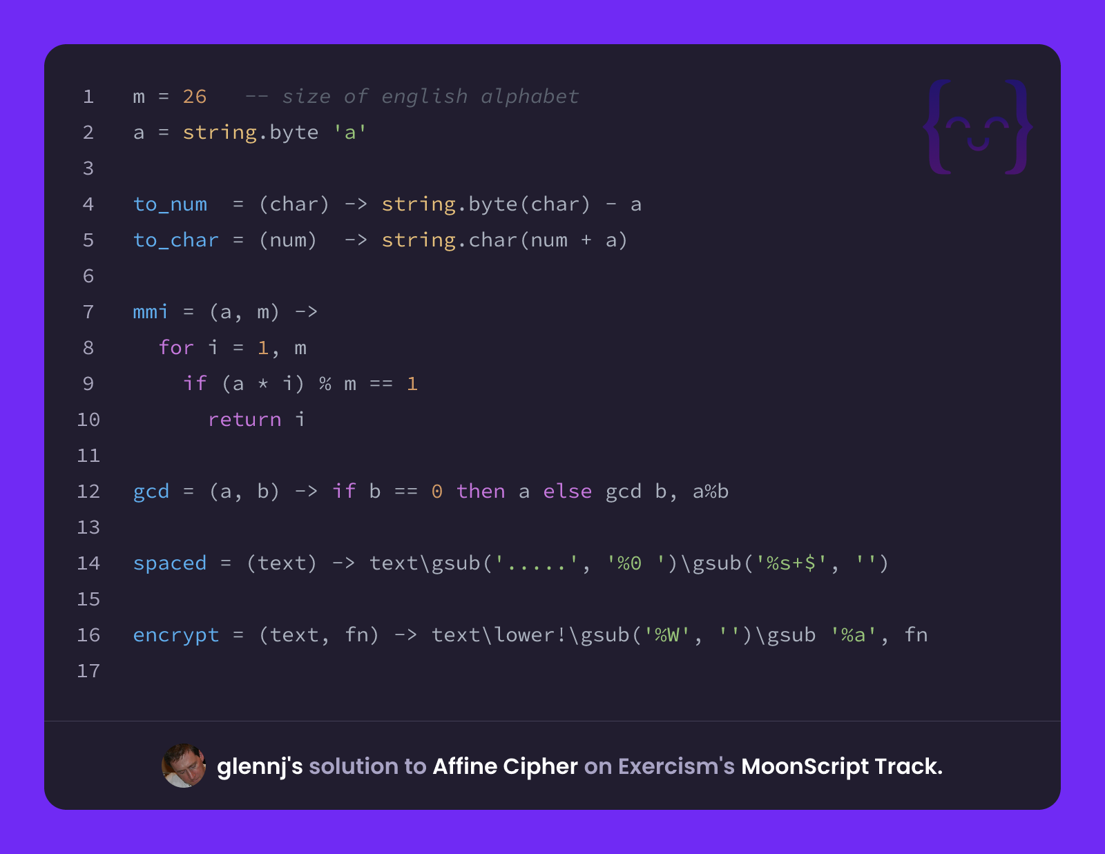 glennj's solution for Affine Cipher in MoonScript on Exercism