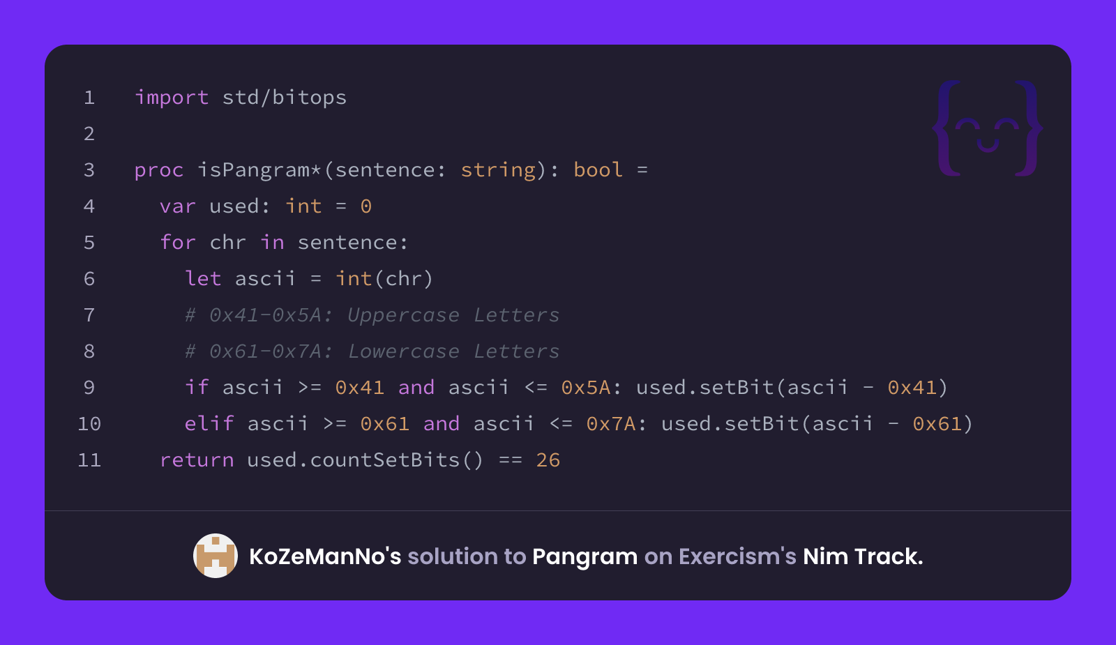 KoZeManNo's solution for Pangram in Nim on Exercism