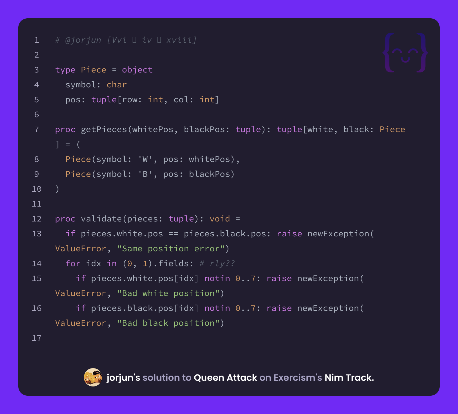 jorjun's solution for Queen Attack in Nim on Exercism