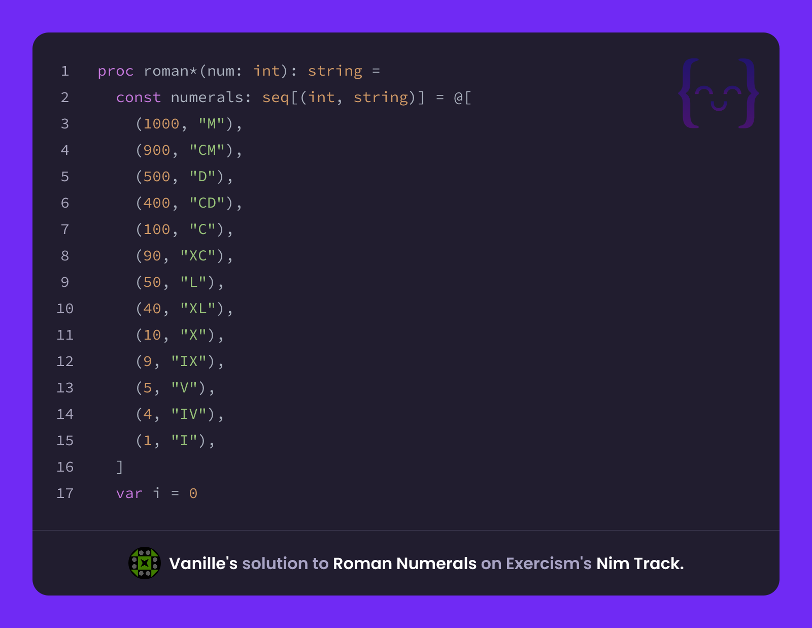 Vanille's solution for Roman Numerals in Nim on Exercism