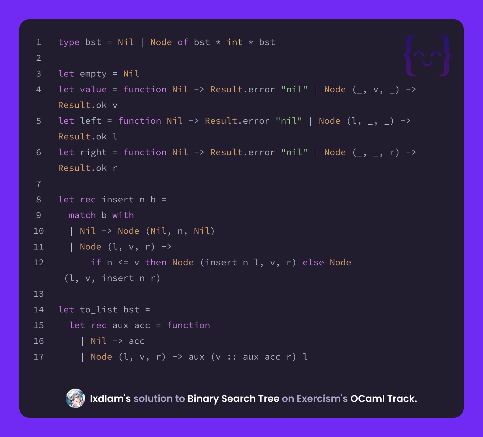 lxdlam's solution for Binary Search Tree in OCaml on Exercism