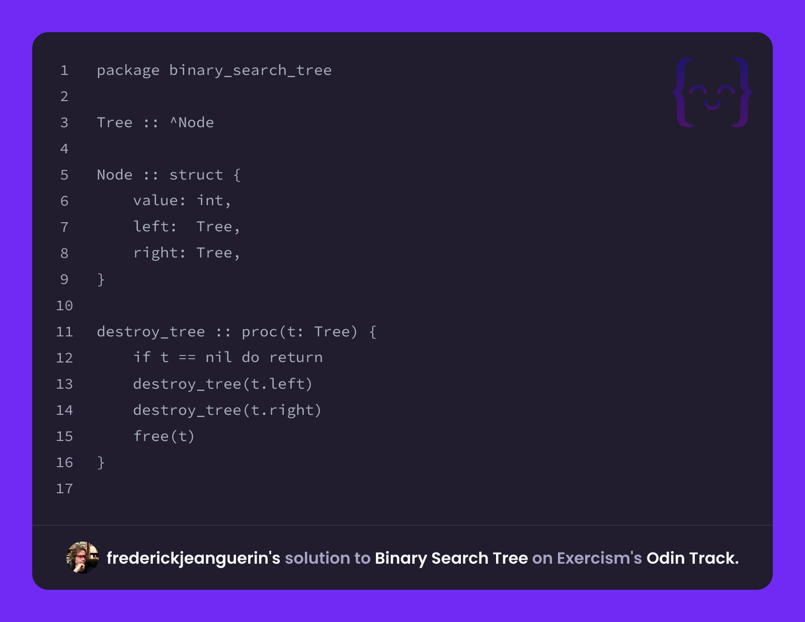 frederickjeanguerin's solution for Binary Search Tree in Odin on Exercism