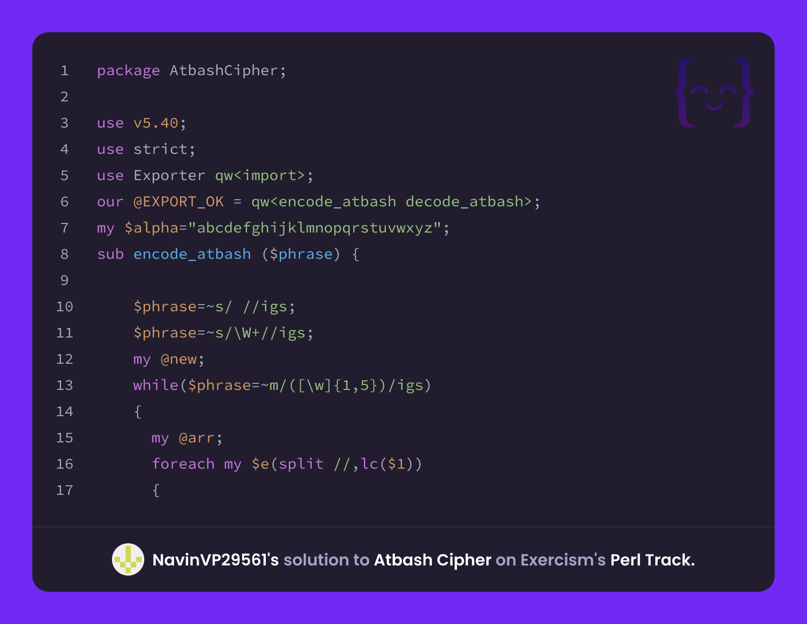 NavinVP29561's solution for Atbash Cipher in Perl on Exercism