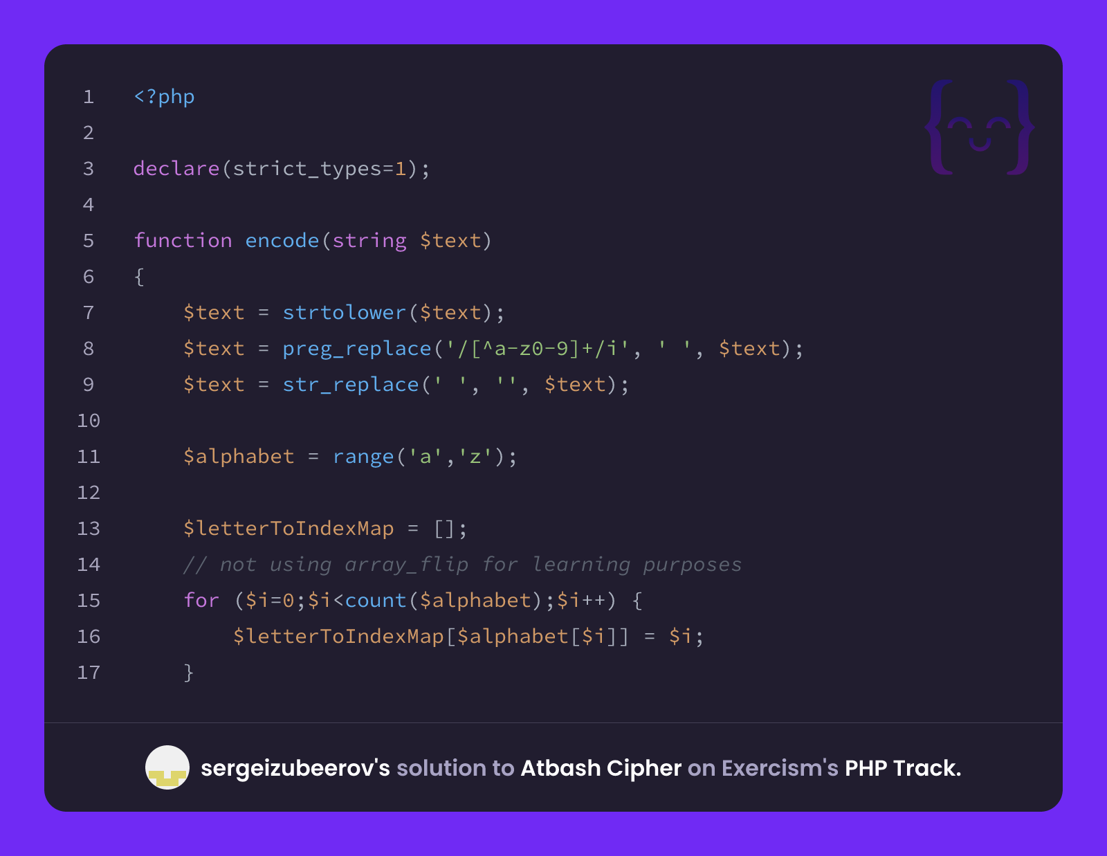 sergeizubeerov's solution for Atbash Cipher in PHP on Exercism
