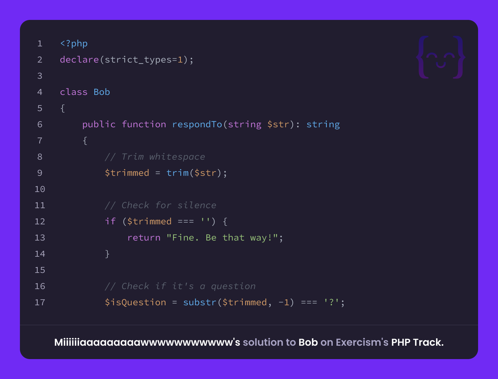 Miiiiiiaaaaaaaaawwwwwwwwwww's solution for Bob in PHP on Exercism