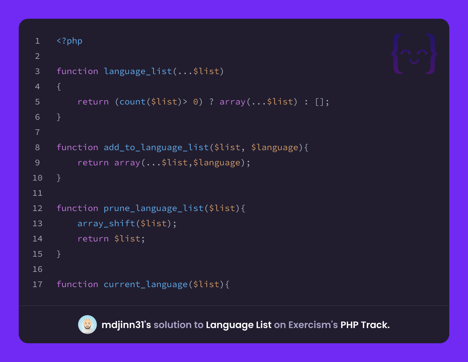 mdjinn31's solution for Language List in PHP on Exercism
