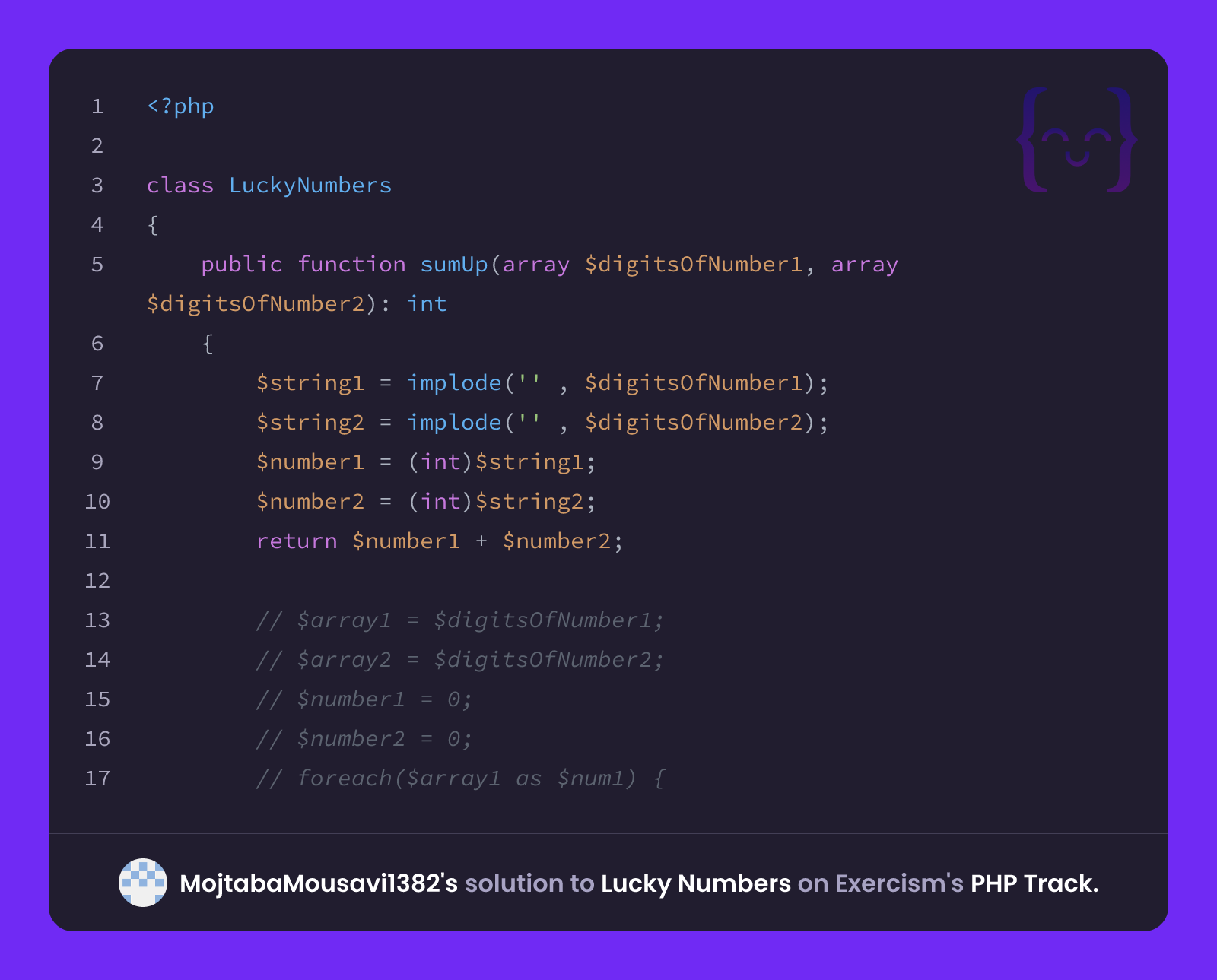 MojtabaMousavi1382's solution for Lucky Numbers in PHP on Exercism