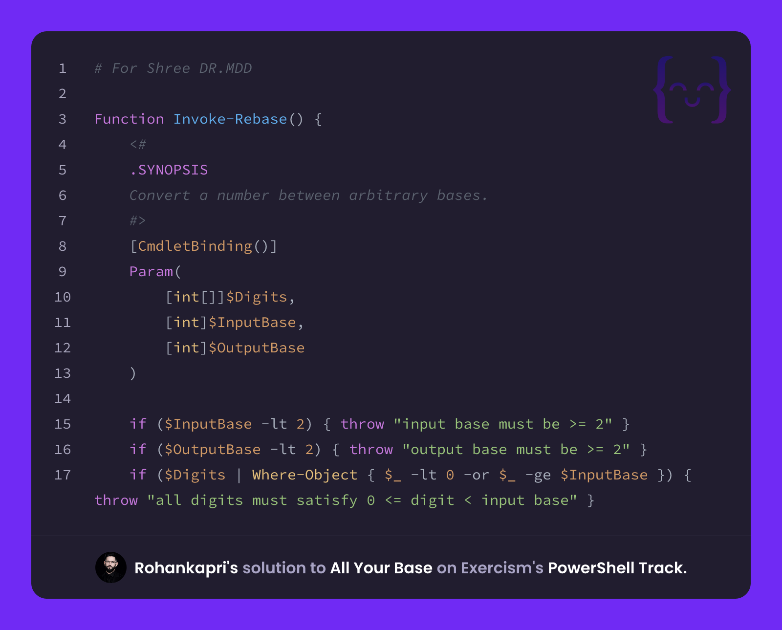 Rohankapri's solution for All Your Base in PowerShell on Exercism