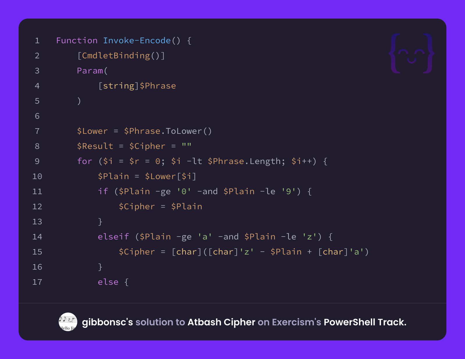 gibbonsc's solution for Atbash Cipher in PowerShell on Exercism