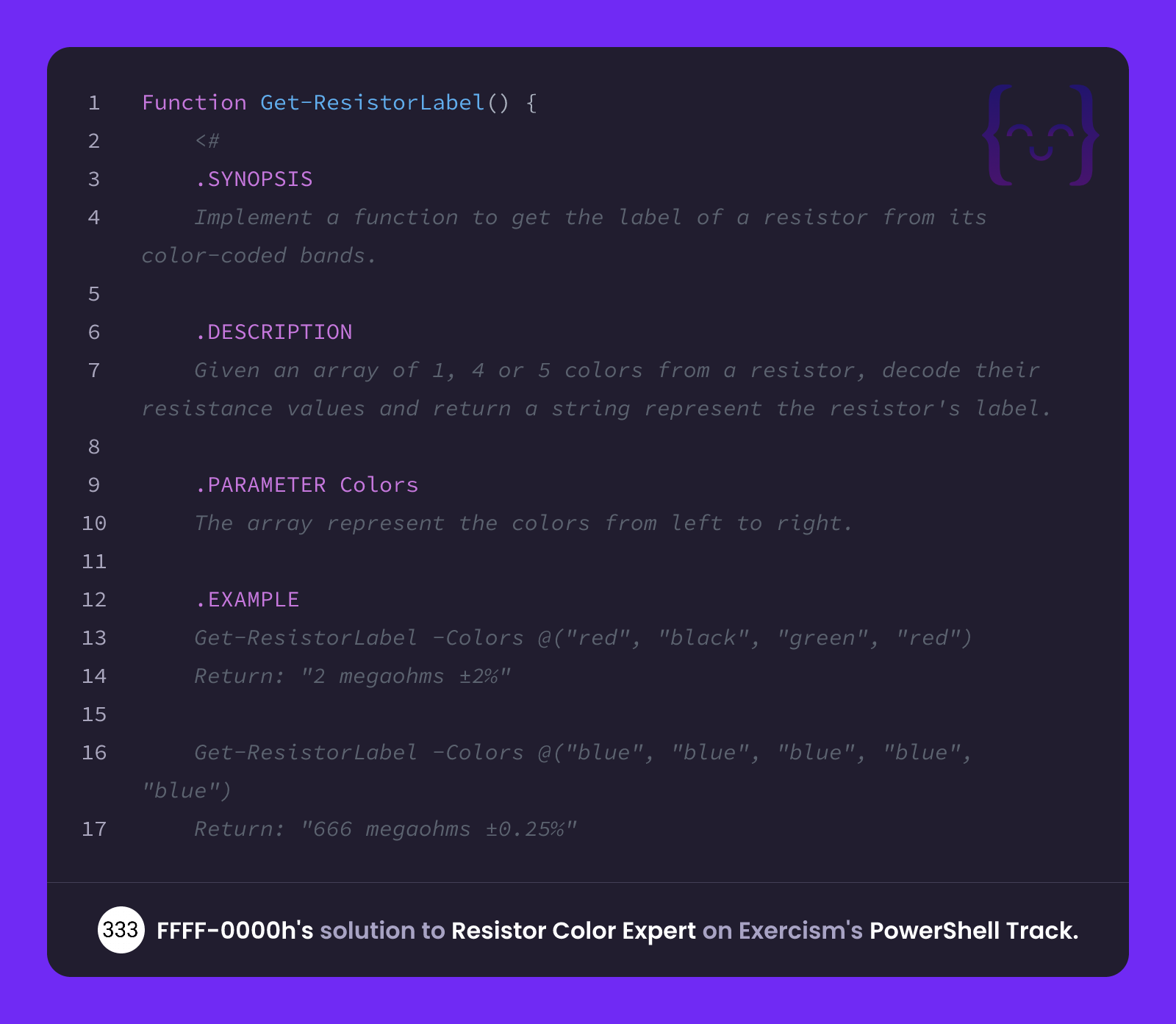 FFFF-0000h's solution for Resistor Color Expert in PowerShell on Exercism