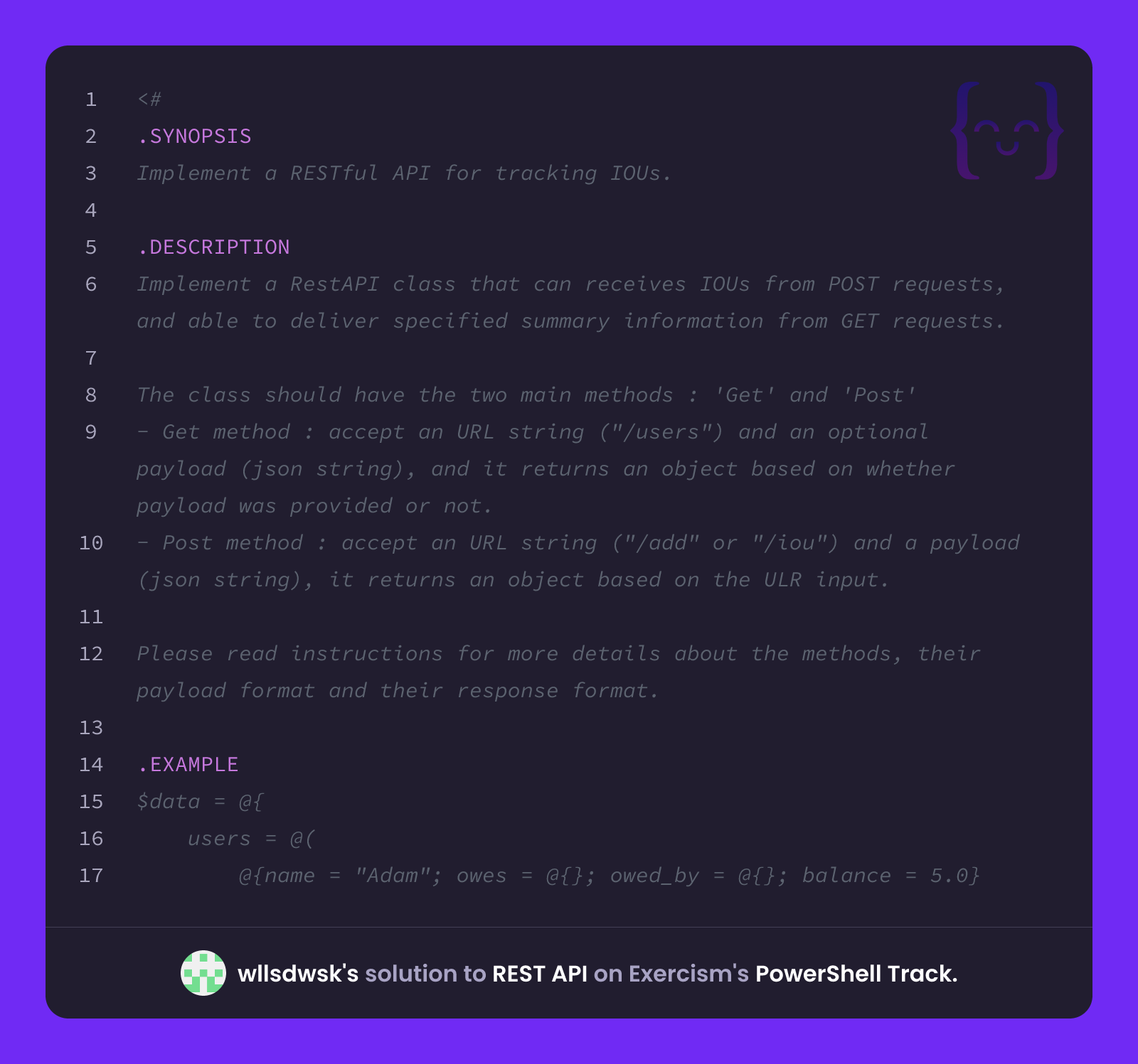 wllsdwsk's solution for REST API in PowerShell on Exercism