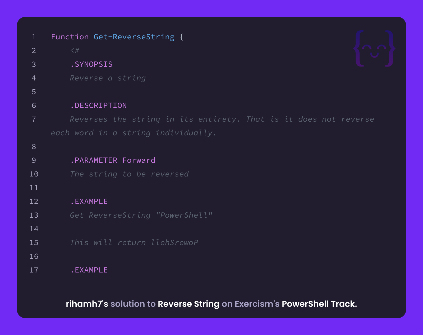 rihamh7's solution for Reverse String in PowerShell on Exercism