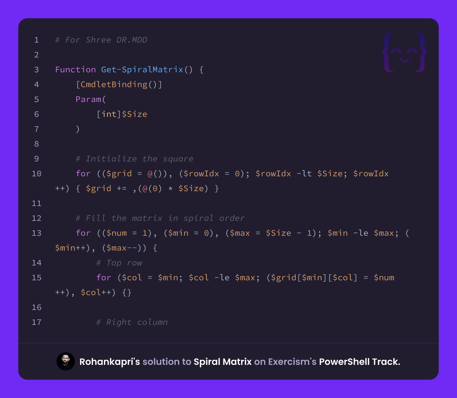 Rohankapri's solution for Spiral Matrix in PowerShell on Exercism