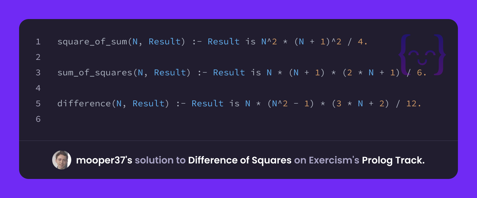 mooper37's solution for Difference of Squares in Prolog on Exercism