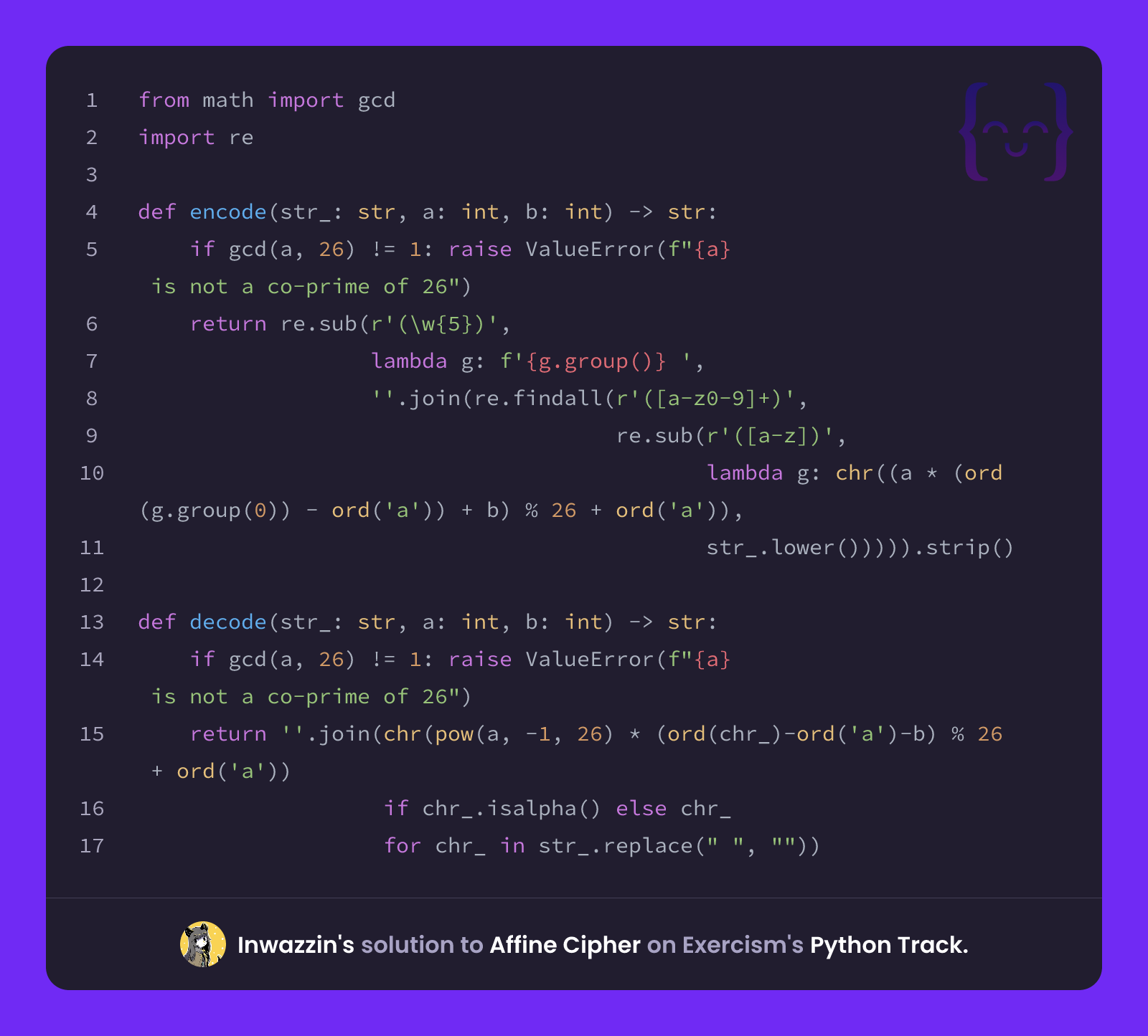 Inwazzin's solution for Affine Cipher in Python on Exercism