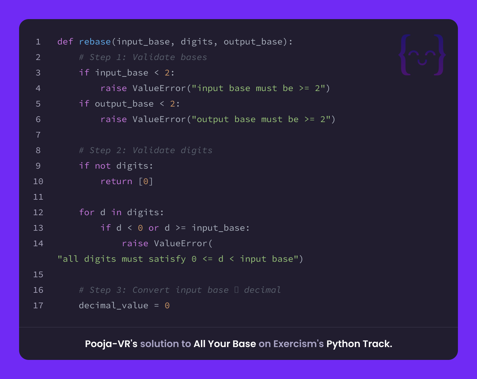 Pooja-VR's solution for All Your Base in Python on Exercism