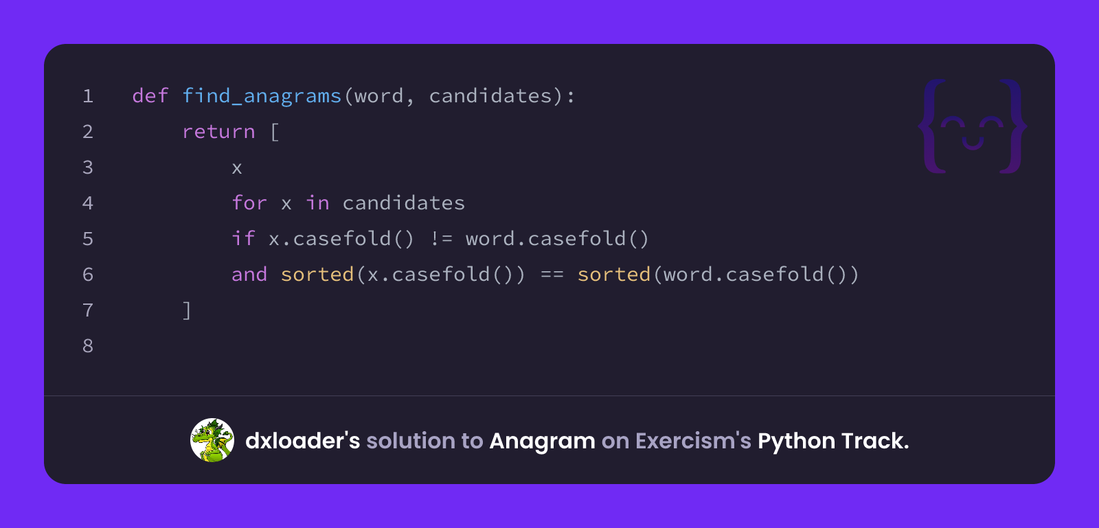 dxloader's solution for Anagram in Python on Exercism