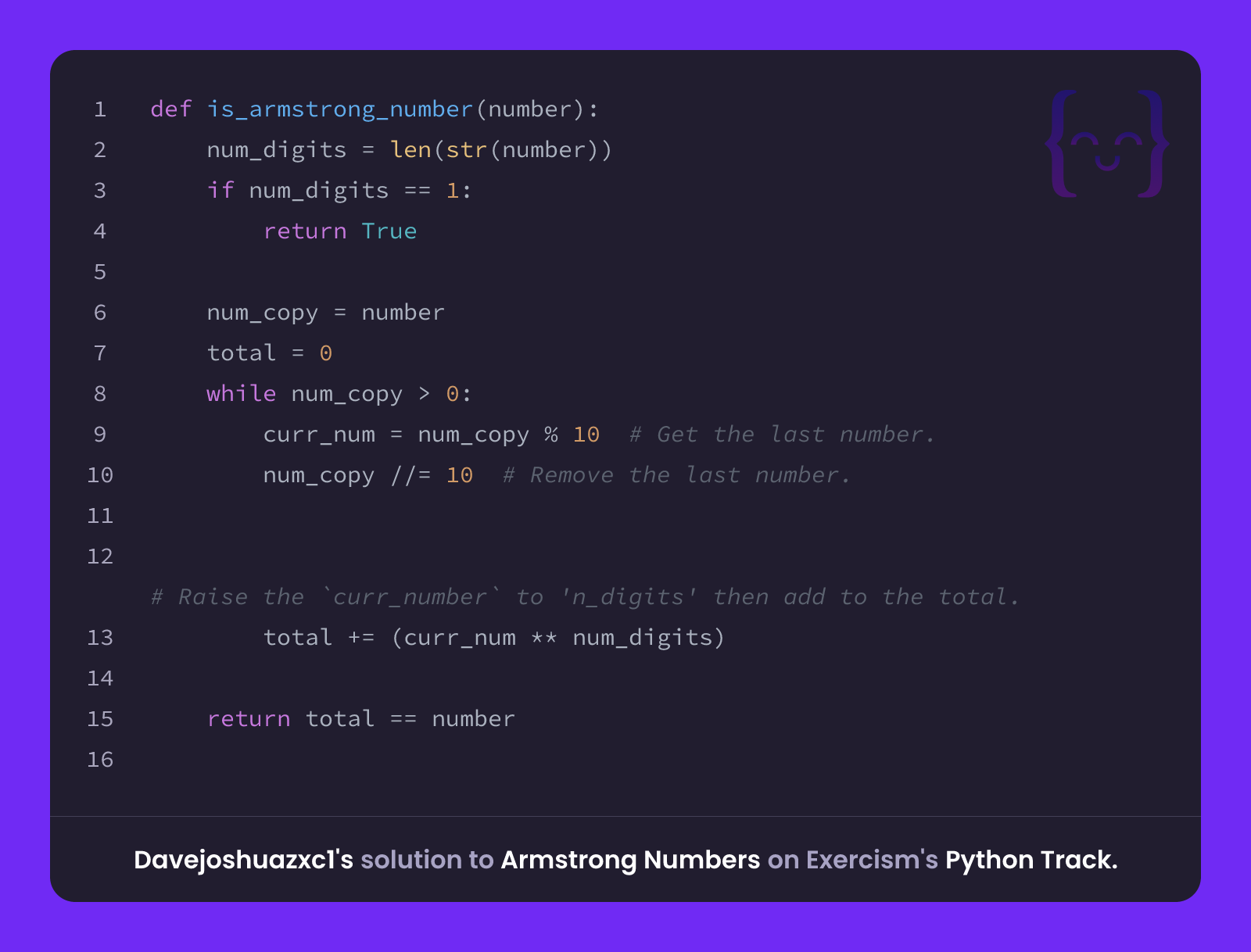 Davejoshuazxc1's solution for Armstrong Numbers in Python on Exercism