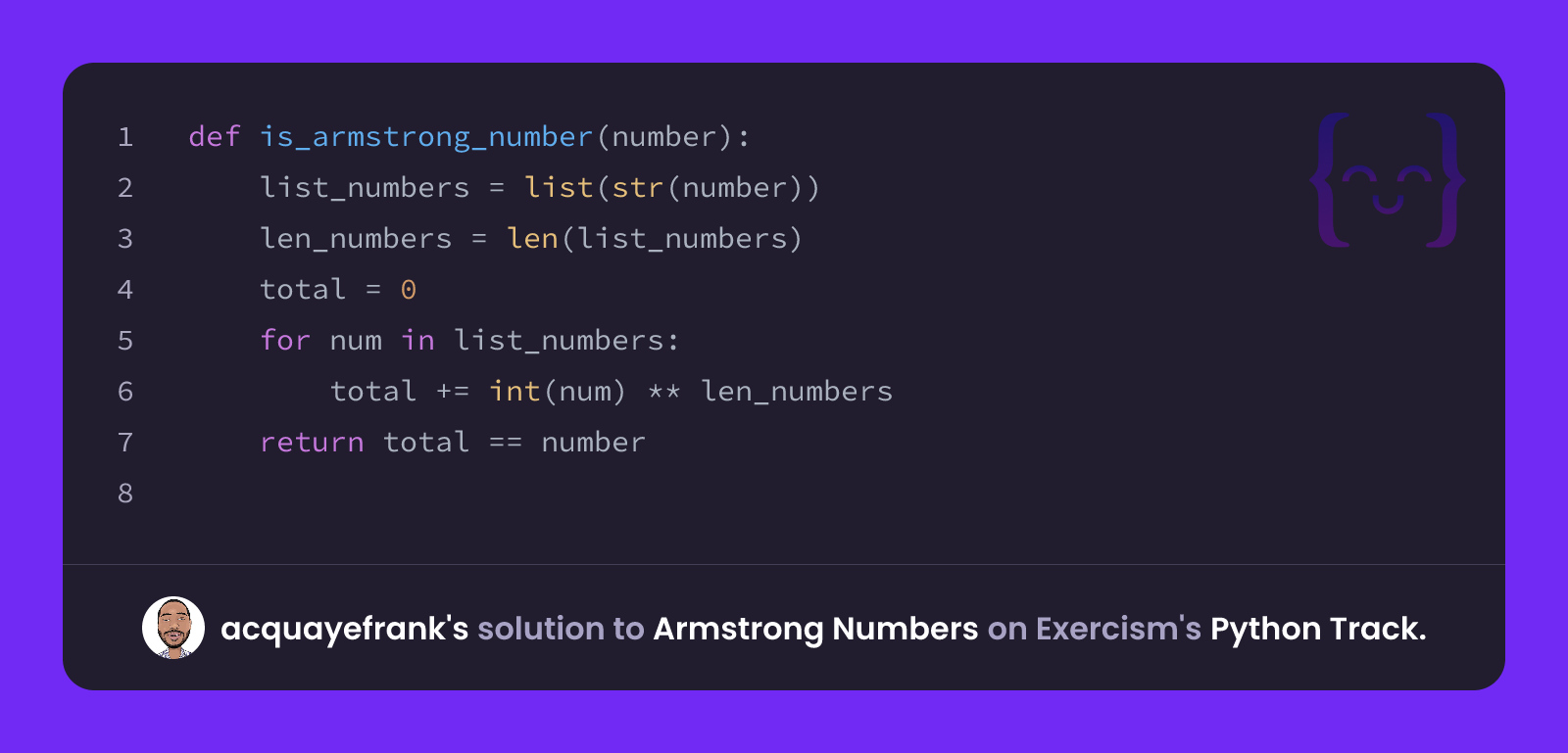 acquayefrank's solution for Armstrong Numbers in Python on Exercism