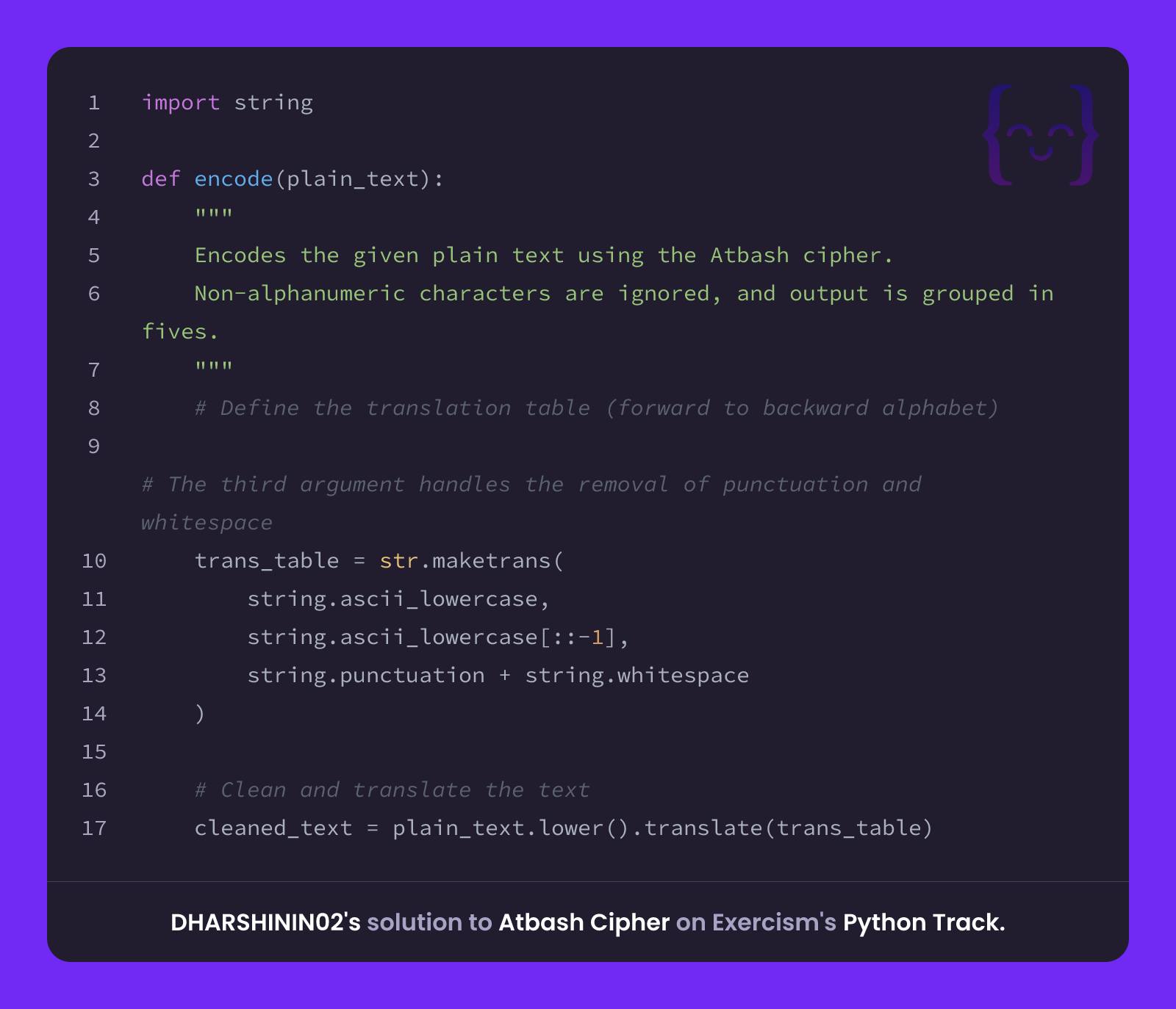 DHARSHININ02's solution for Atbash Cipher in Python on Exercism