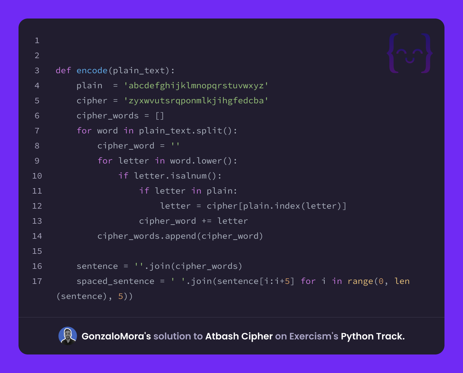 GonzaloMora's solution for Atbash Cipher in Python on Exercism
