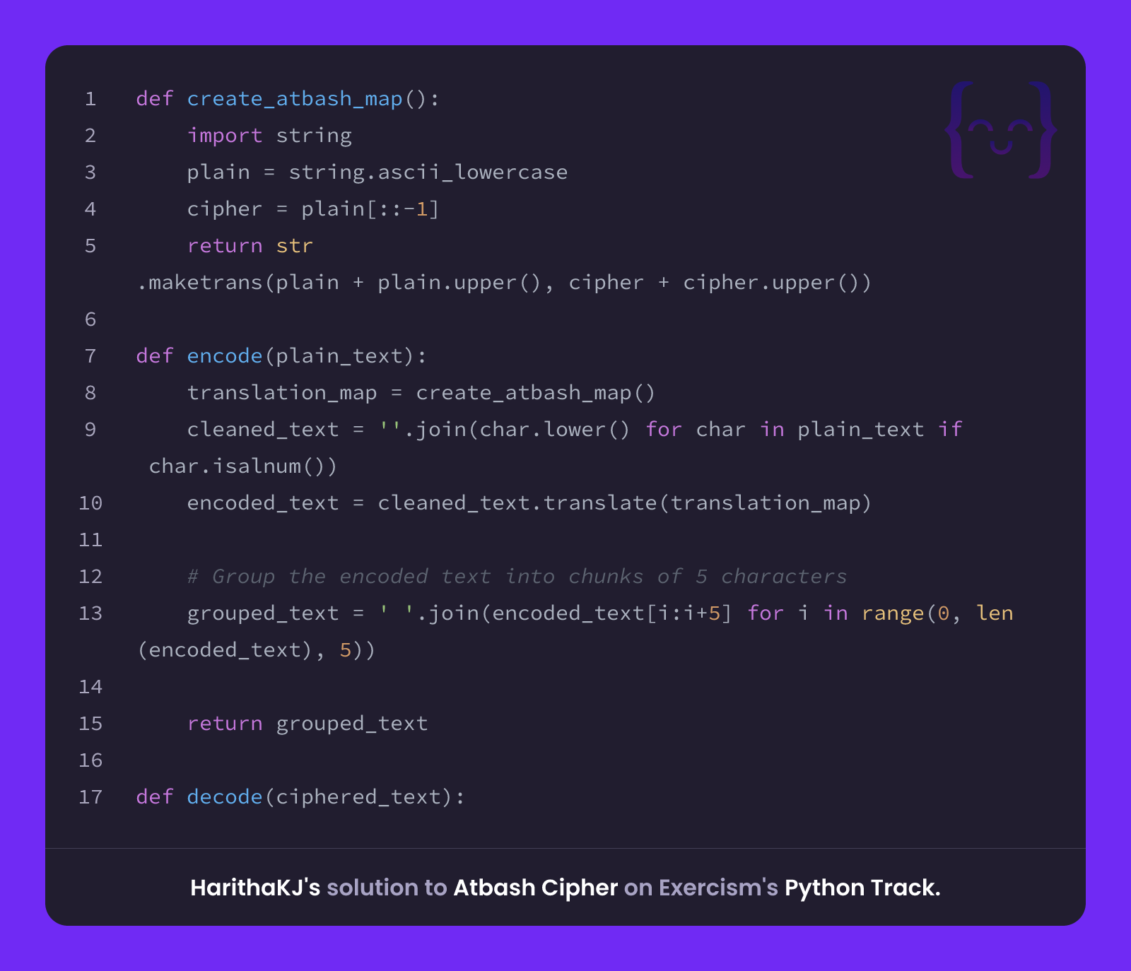 HarithaKJ's solution for Atbash Cipher in Python on Exercism