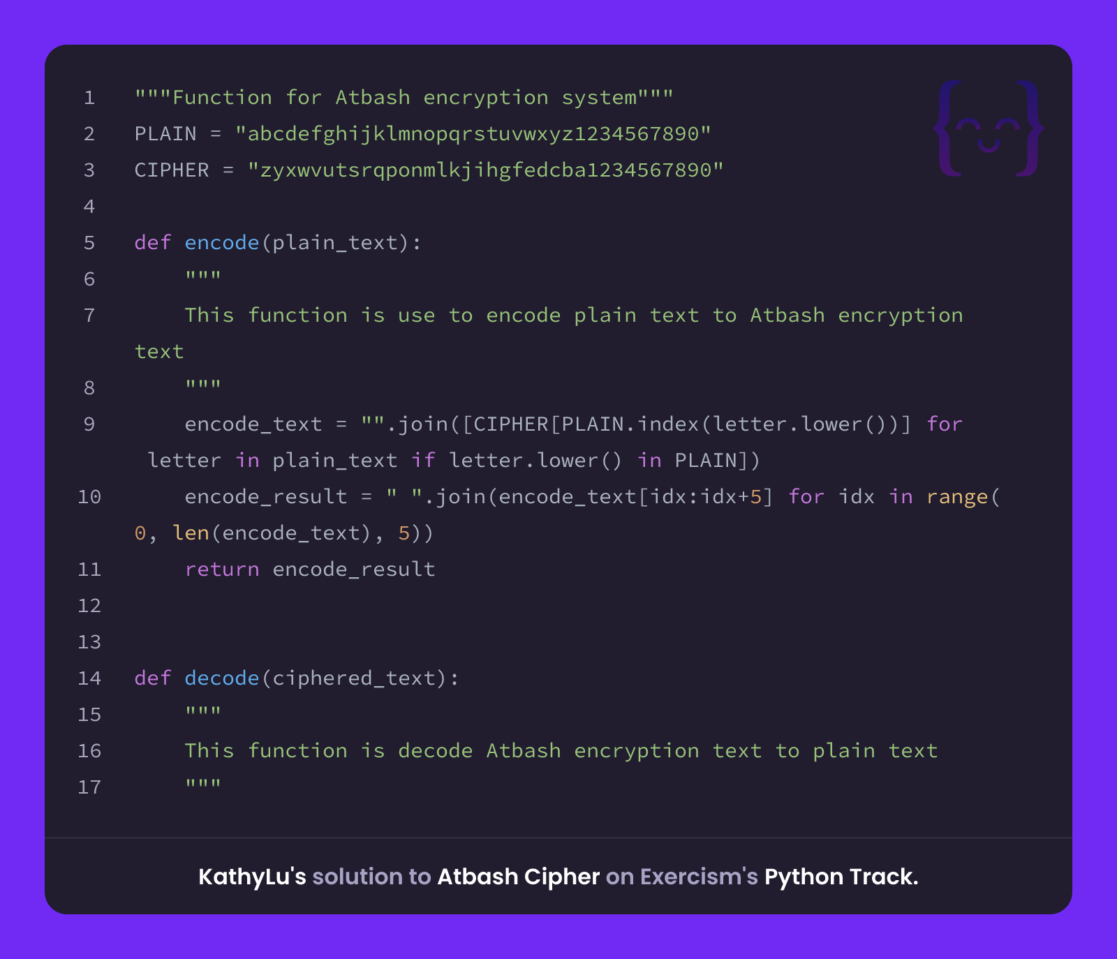 KathyLu's solution for Atbash Cipher in Python on Exercism