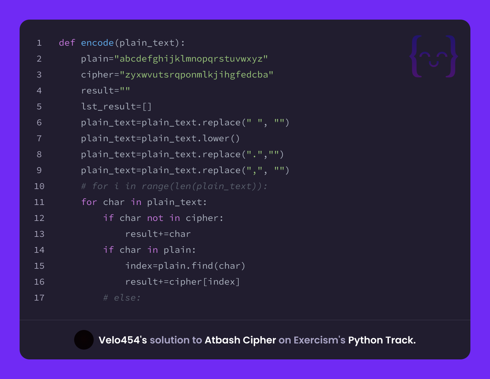 Velo454's solution for Atbash Cipher in Python on Exercism