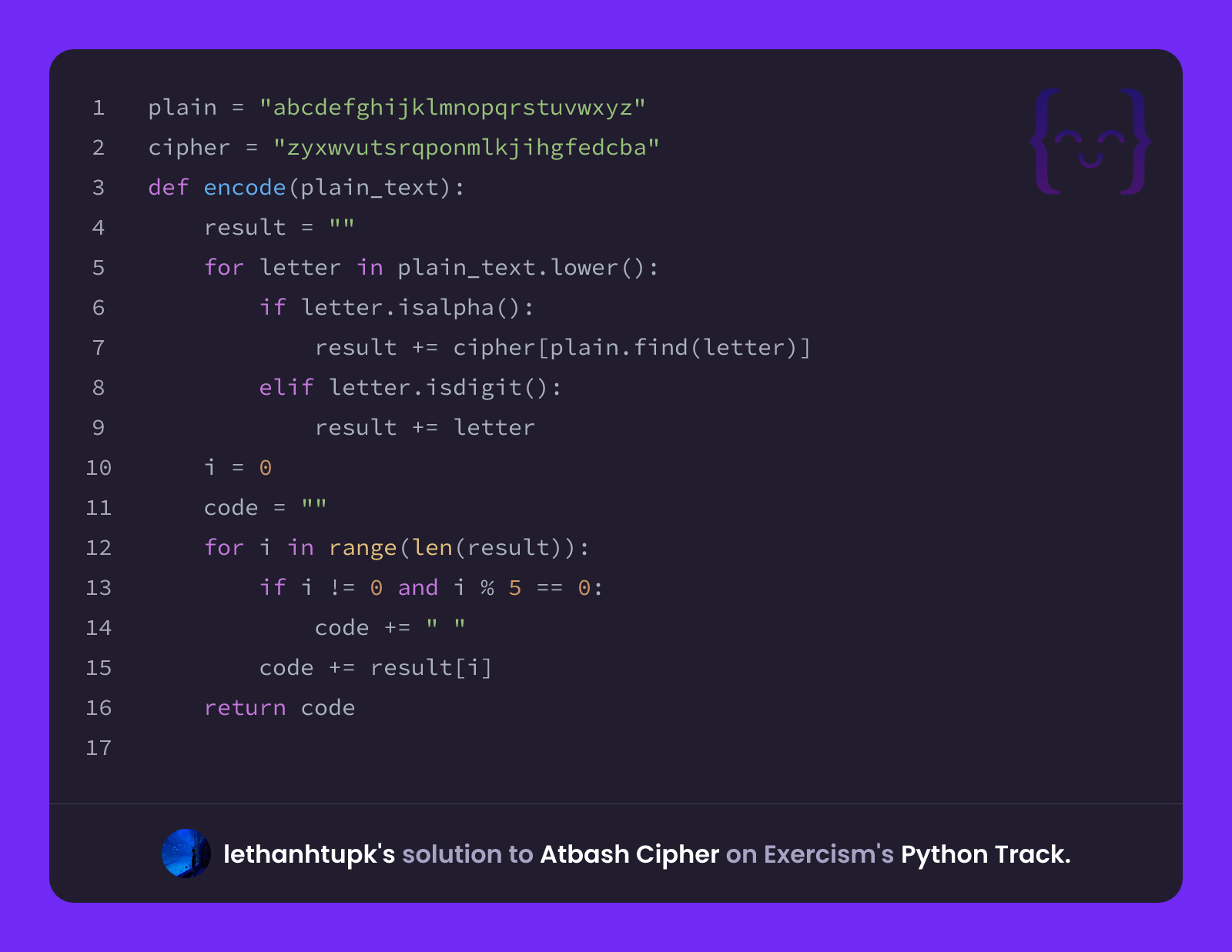 lethanhtupk's solution for Atbash Cipher in Python on Exercism