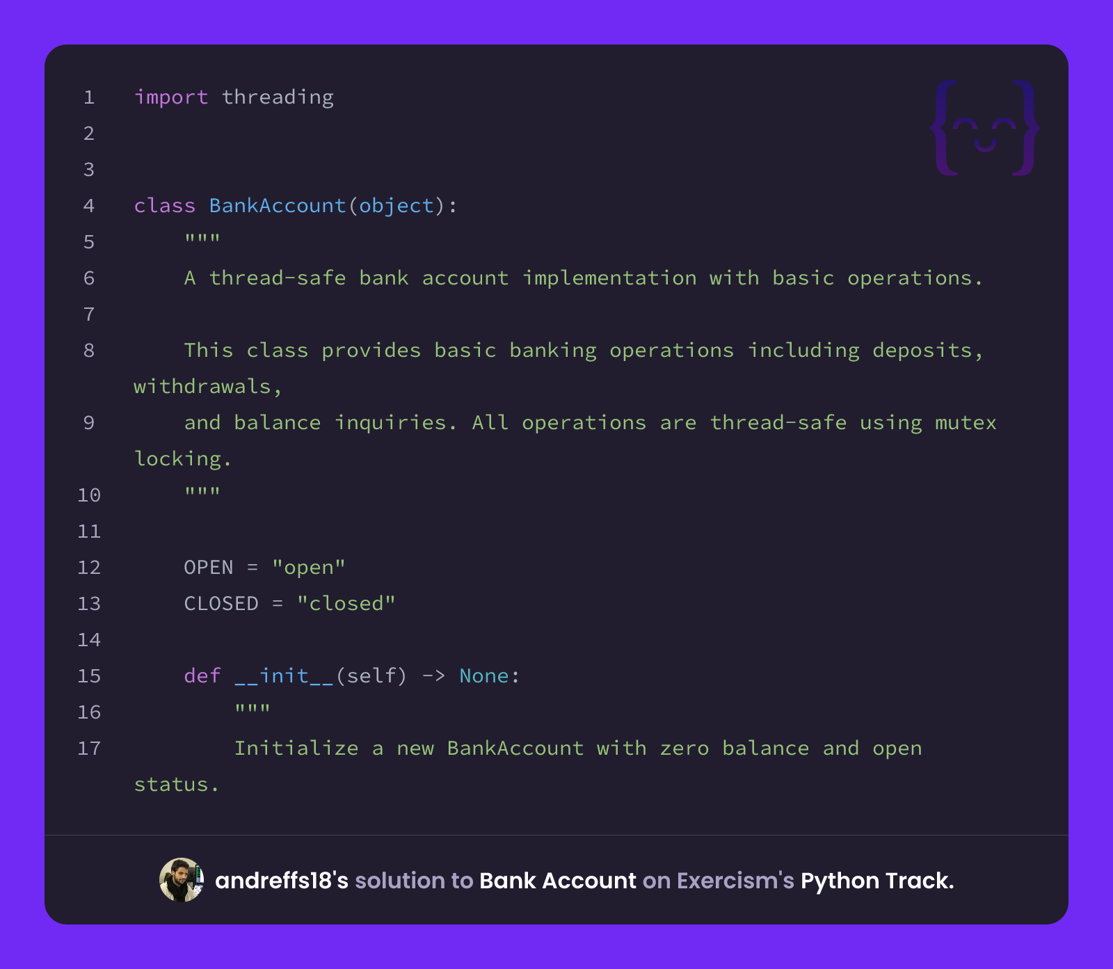 andreffs18's solution for Bank Account in Python on Exercism