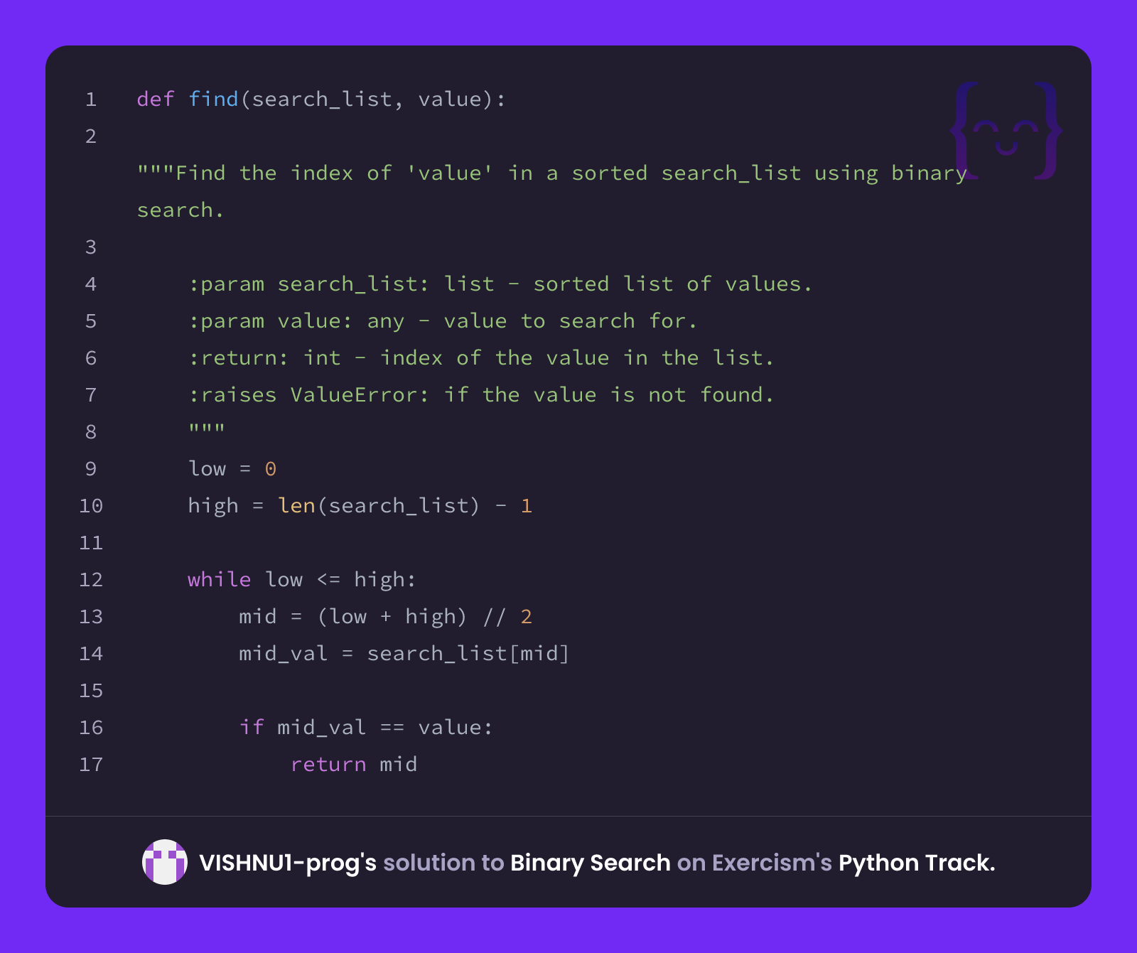 VISHNU1-prog's solution for Binary Search in Python on Exercism