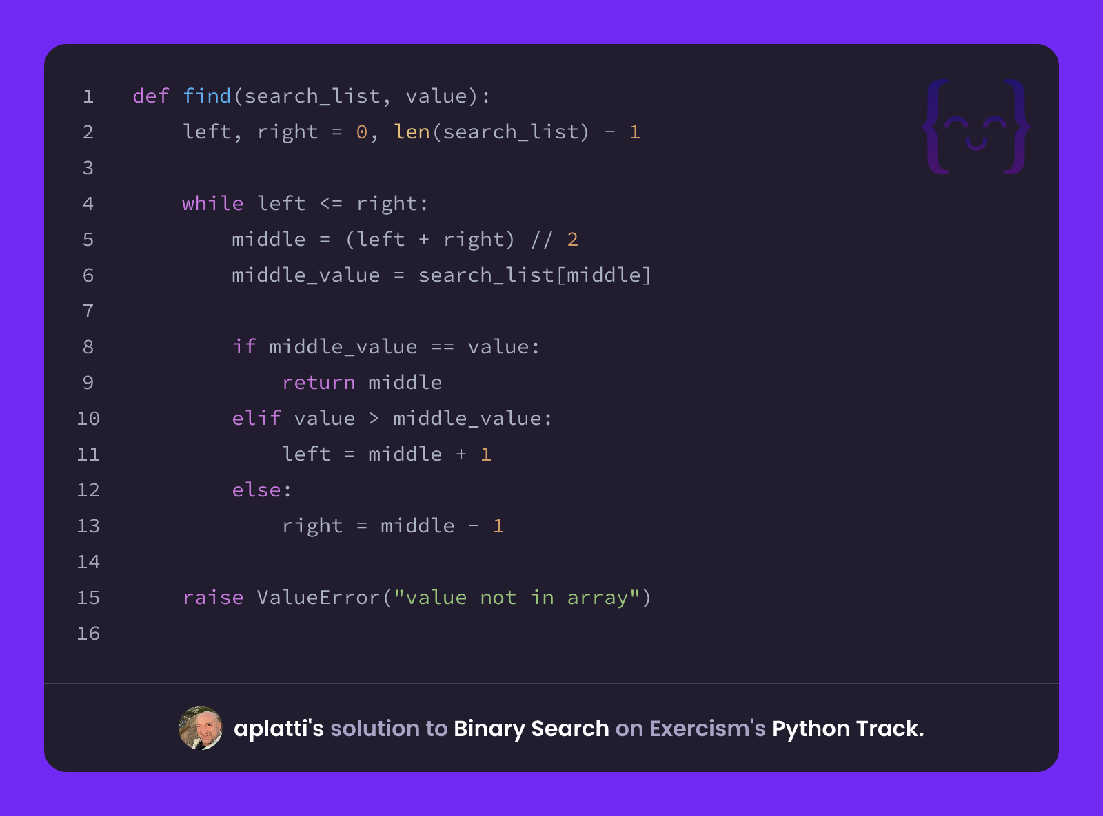 aplatti's solution for Binary Search in Python on Exercism