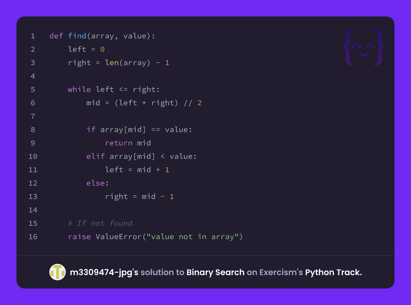 m3309474-jpg's solution for Binary Search in Python on Exercism