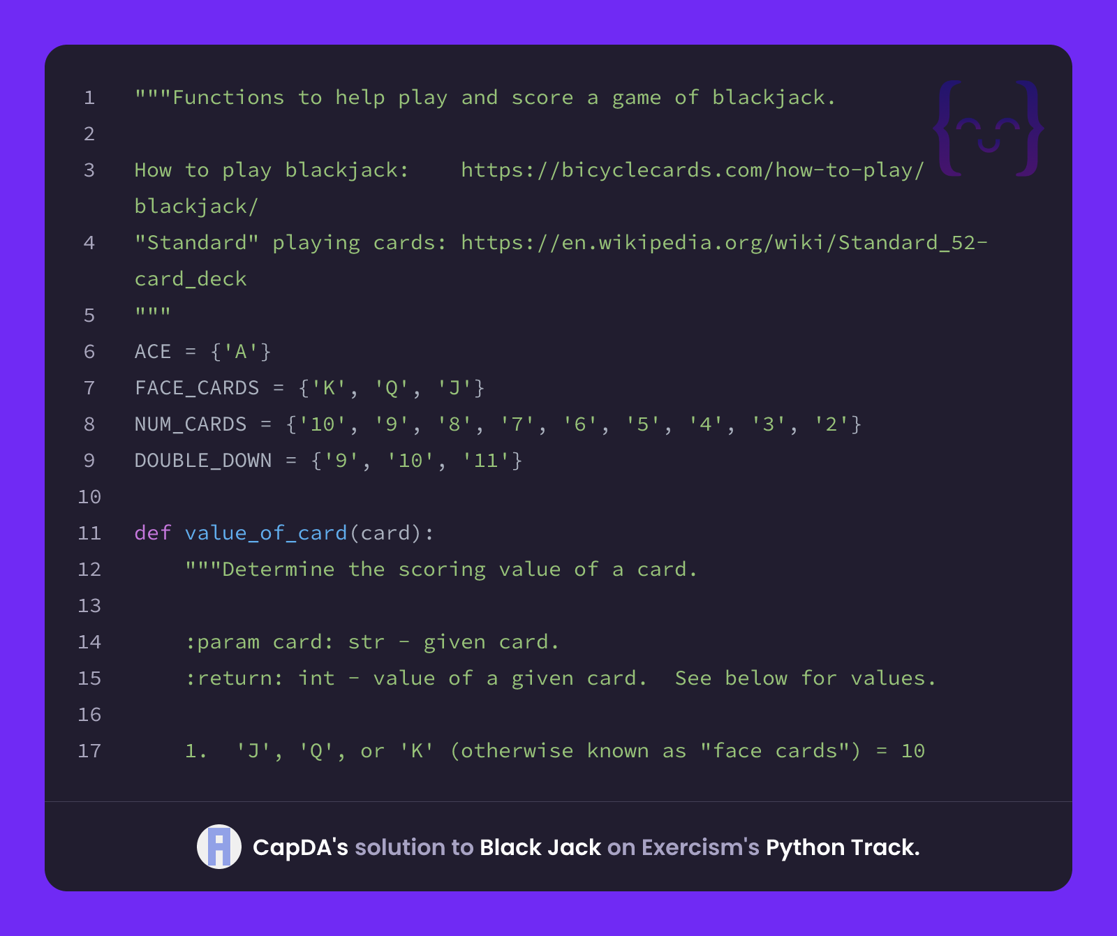Capda Utar CapDA's solution for Black Jack in Python on Exercism