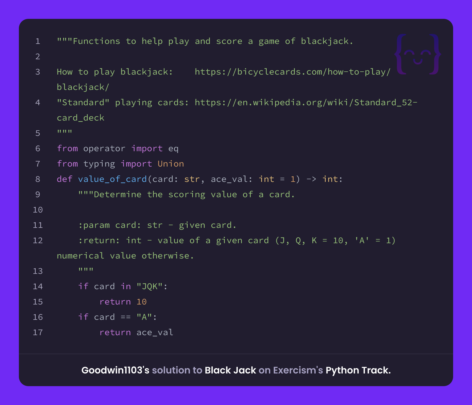 Goodwin1103's solution for Black Jack in Python on Exercism