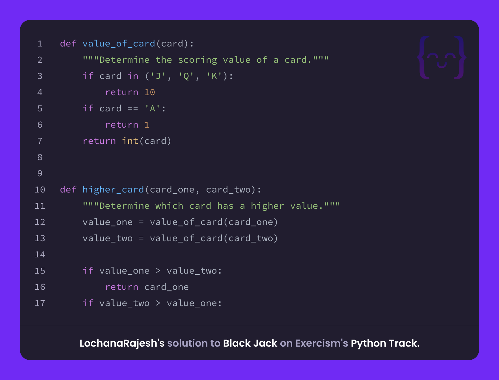 LochanaRajesh's solution for Black Jack in Python on Exercism
