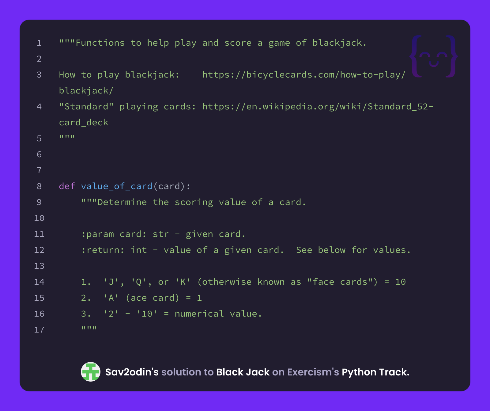 Sav2odin's solution for Black Jack in Python on Exercism