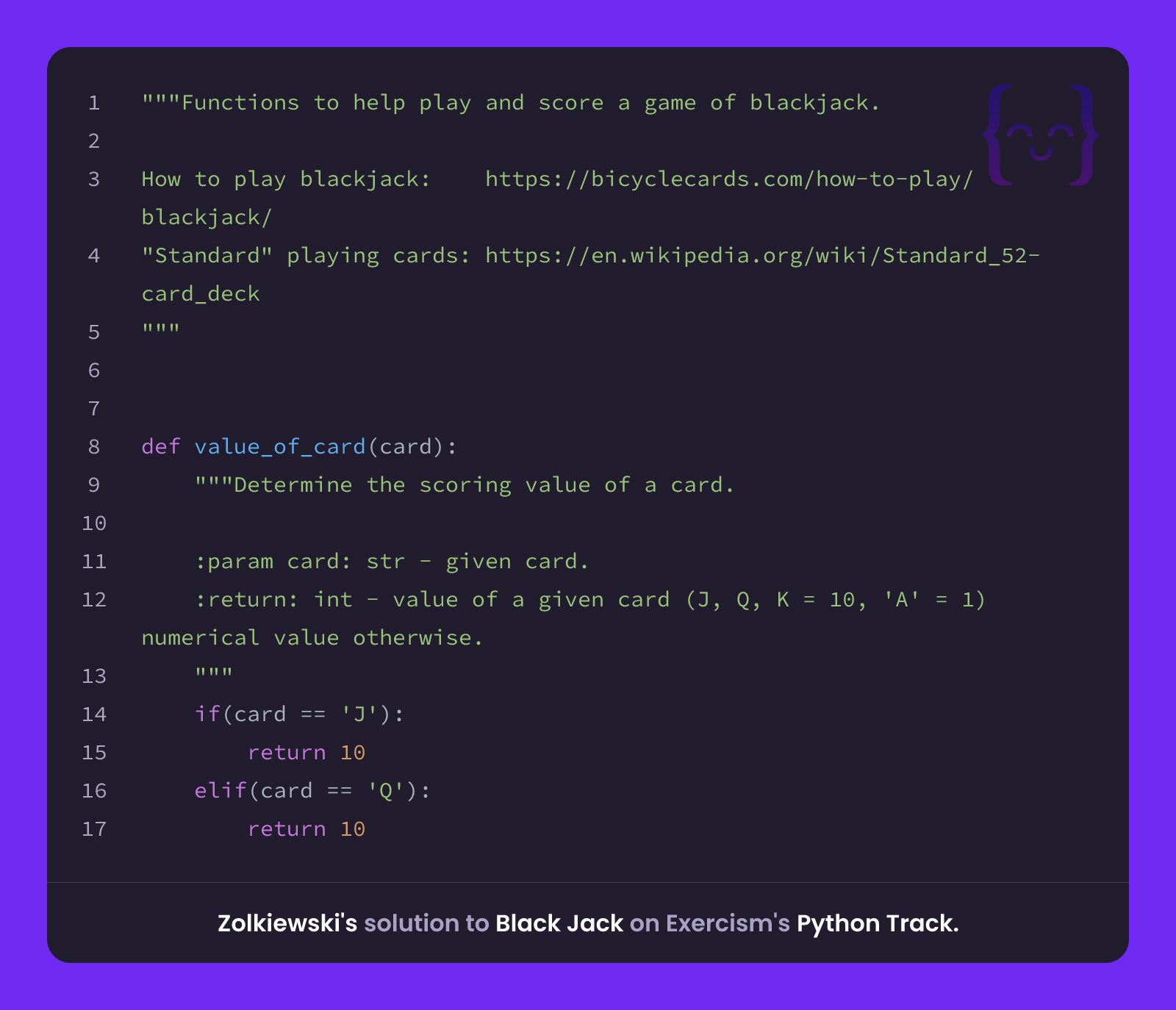 Zolkiewski's solution for Black Jack in Python on Exercism