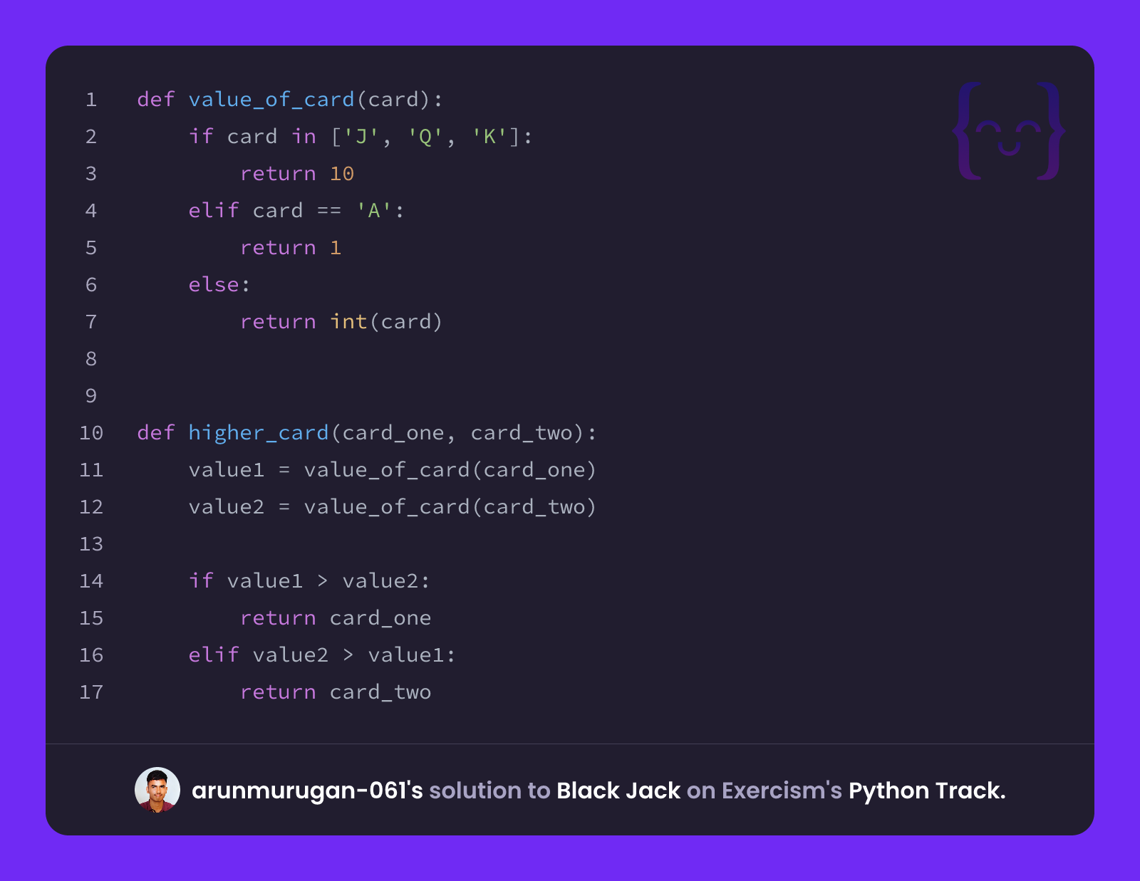 arunmurugan-061's solution for Black Jack in Python on Exercism