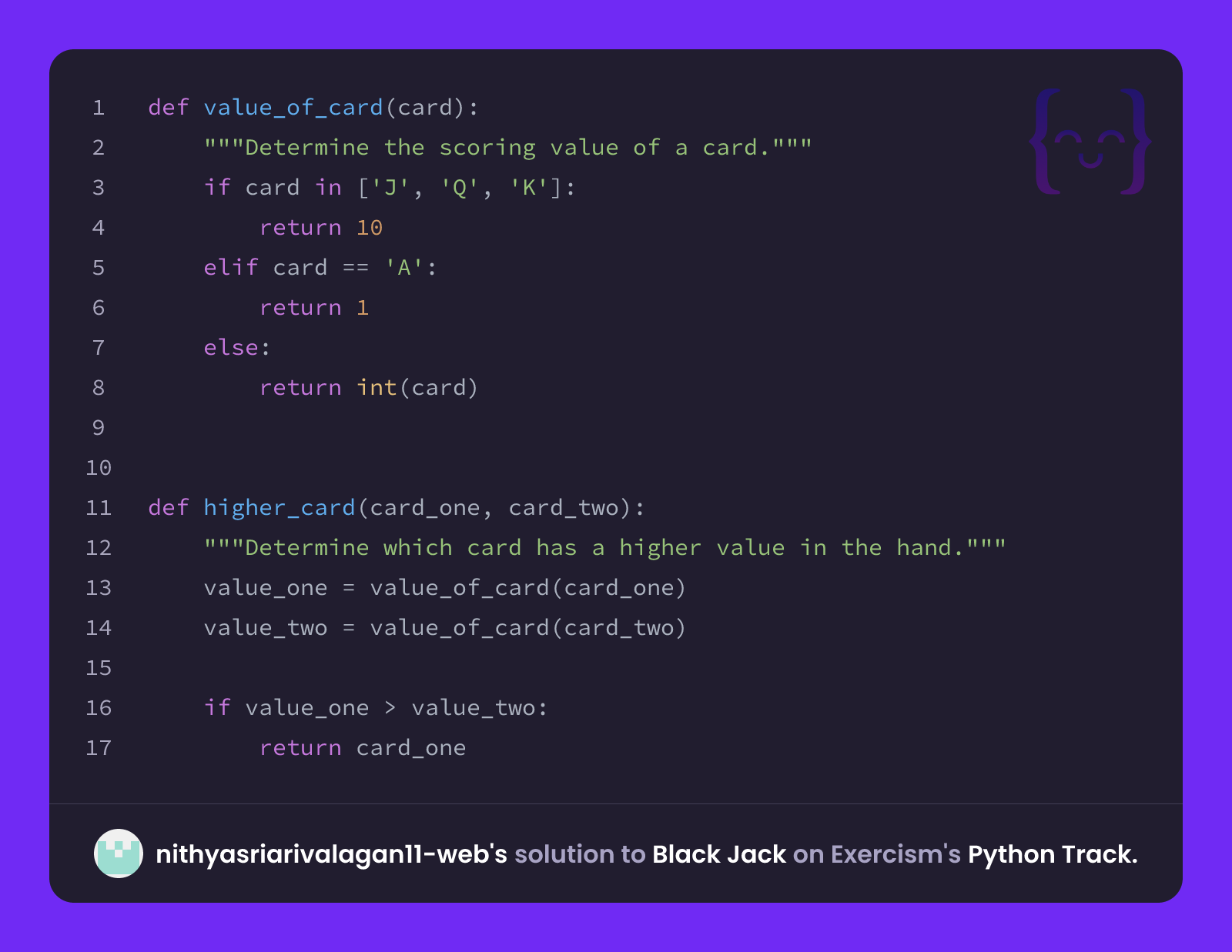 nithyasriarivalagan11-web's solution for Black Jack in Python on Exercism