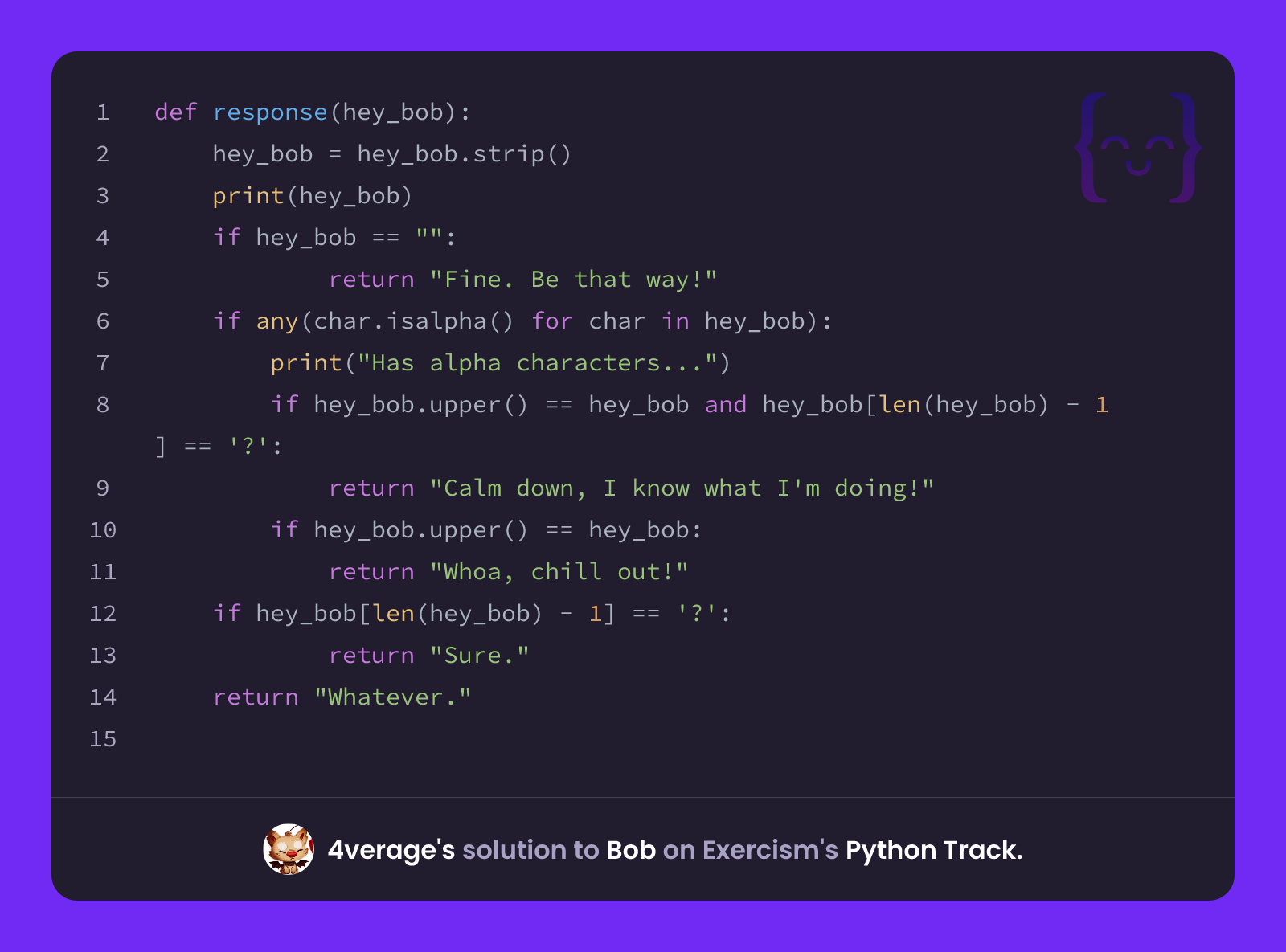 4verage's solution for Bob in Python on Exercism