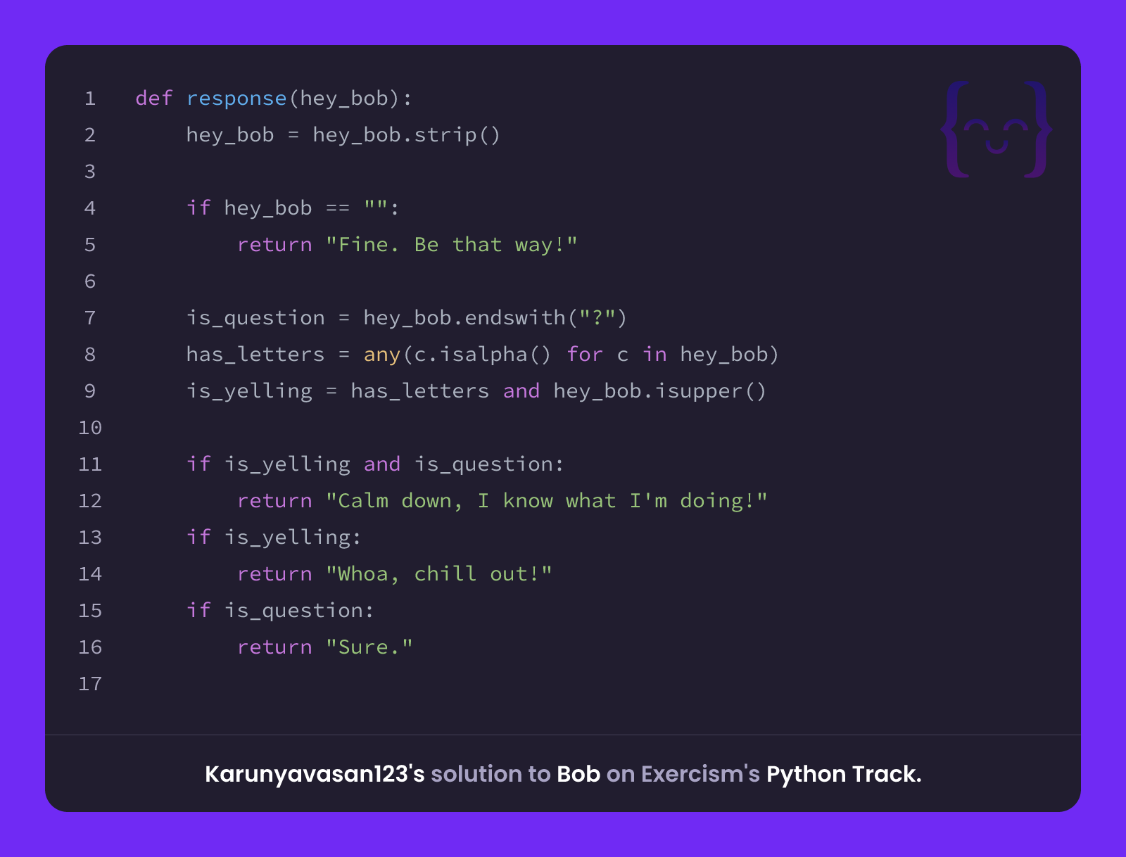 Karunyavasan123's solution for Bob in Python on Exercism