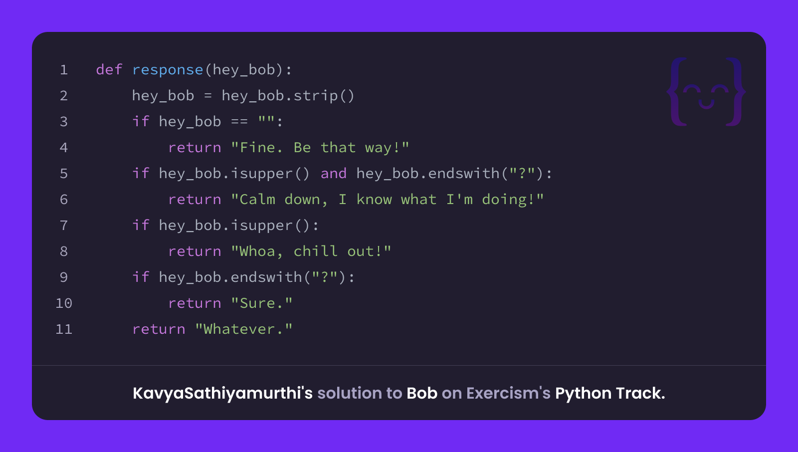 KavyaSathiyamurthi's solution for Bob in Python on Exercism