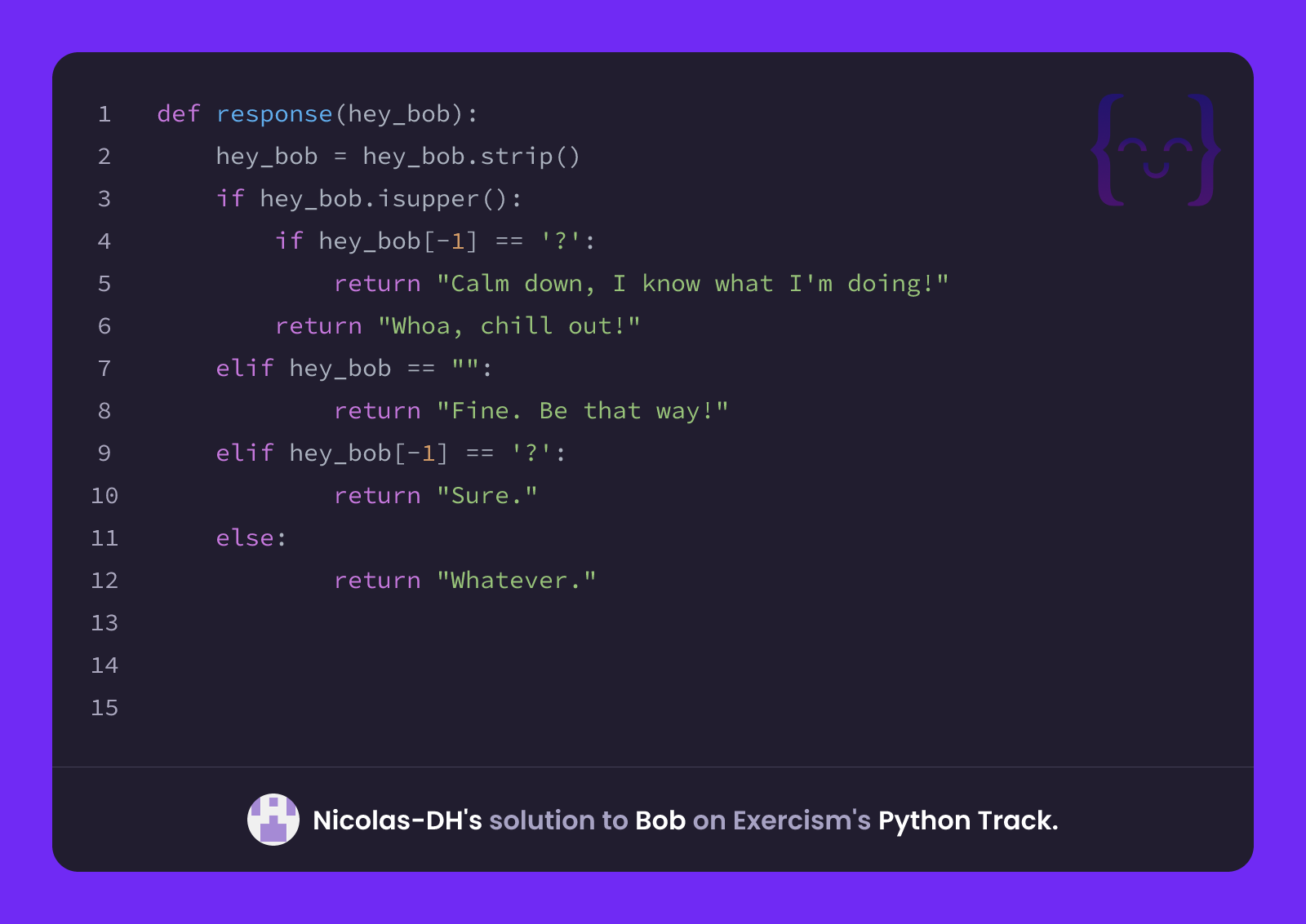 Nicolas-DH's solution for Bob in Python on Exercism