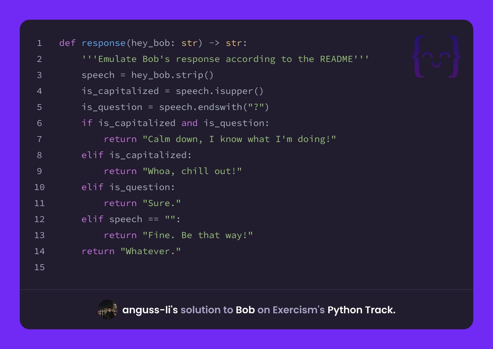 anguss-li's solution for Bob in Python on Exercism